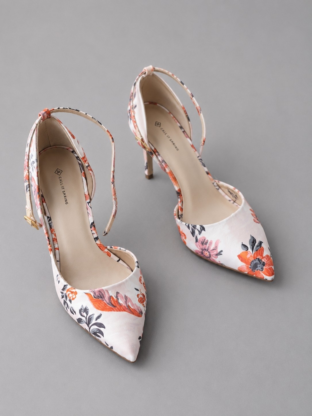 Call It Spring Floral Pointed Ankle-Strap Pumps in Cream and Orange - Picture 2 of 6